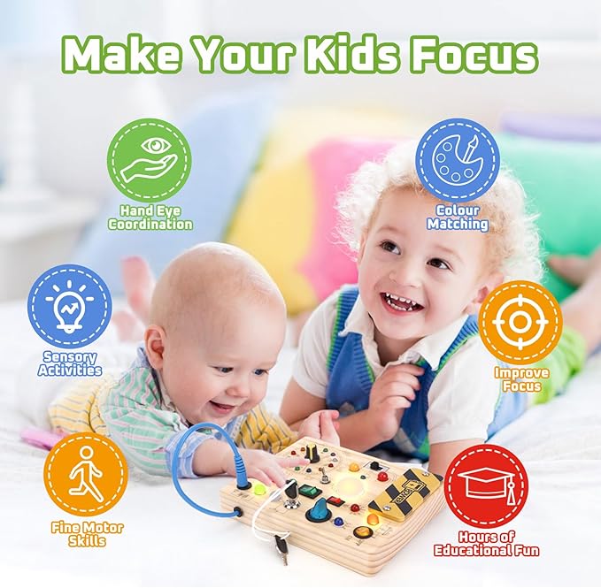 Grarain Toddler Toys Clock Busy Board with Led Light, Preschool Learning Activities Sensory Toys for Toddlers,Montessoti Toys for 1 2 3 Year Old