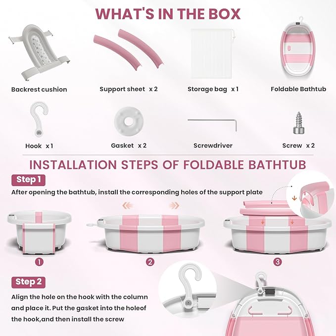 Collapsible Baby Bathtub with Soft Cushion and Thermometer, Newborn to Toddler Tub 0-36 Months with Toy Storage Mesh Bag, Portable Travel Bath for Infants (Pink)
