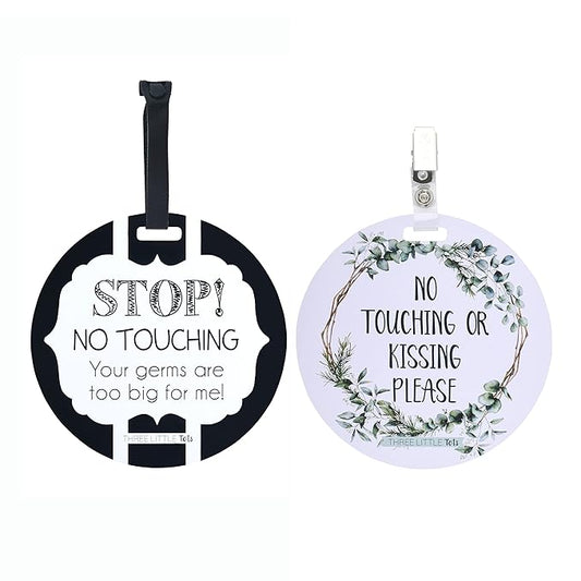 (Three Little Tots) No Touching Baby Car Seat and Stroller Two Pack- Baby Safety No Touching Car Seat Sign, Stroller Sign, Newborn Car Seat Tag- CPSIA Safety Tested (Eucalyptus/Black & White)