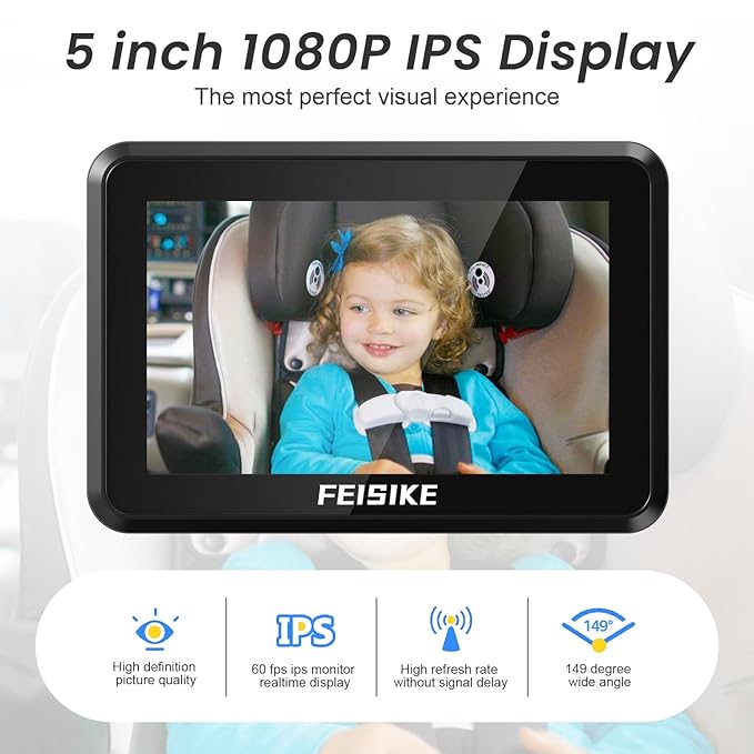 FEISIKE Baby Car Camera, 1080P Dual-Channel 5 inch Display Baby Car Mirror with 2 IR Night Vision Camera, Easily Install Car Camera for Baby with Crystal Clear Wide View for Rear Facing Seat