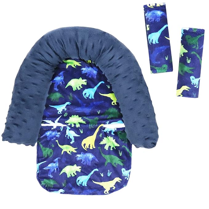 Baby Carseat Headrest and Strap Covers, Dinosaur Minky Infant Strollers Head Support & Seat Belt Cover, Toddler Strollers Headrest and Neck Cover, Car Accessories for Newborn Boys Girls