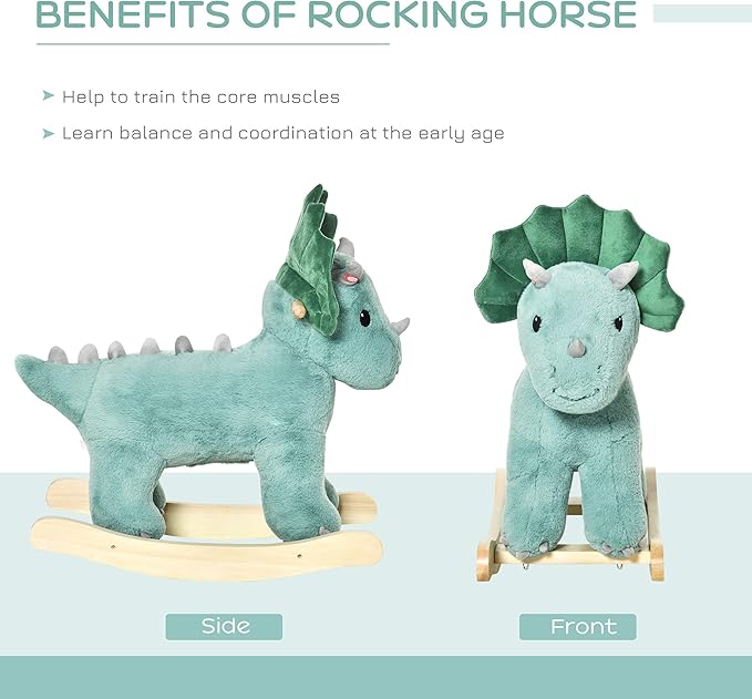 Qaba Kids Plush Ride-On Rocking Horse Triceratops-Shaped Plush Toy Rocker with Realistic Sounds for Child 36-72 Months Dark Green