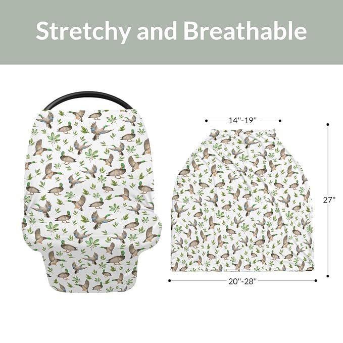 Wild Ducks Green Leaves Car Seat Cover for Babies Green Mallard Ducks Stretchy 5-in-1 Cover Adjustable Car Canopy Cover Duck Hunting Animals Breathable Nursing Cover-Up