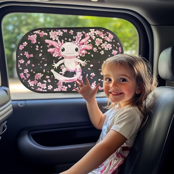 Bulopur Axolotl Cherry Blossom Car Window Shades 2 Pack Baby Window Shades Easy to Install Car Sun Shade Side Windshield Sun Protection and Blocker for Most Vehicle, SUV, Truck