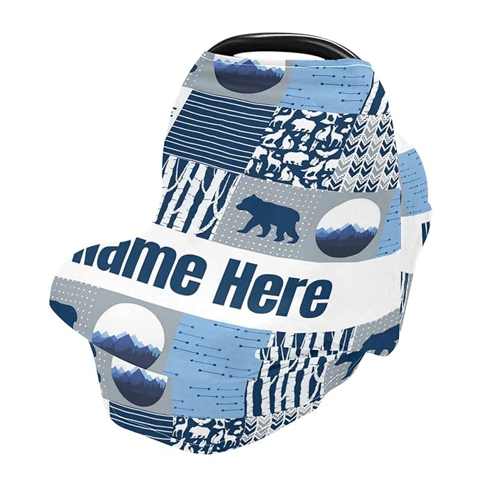 Personalized Woodland Bear Blue Baby Car Seat Cover for Babies with Name, Custom Baby Car Seats Canopy for Boys Girls, Nursing Breastfeeding Stroller Covers Infant Car Seat Blanket for Newborn