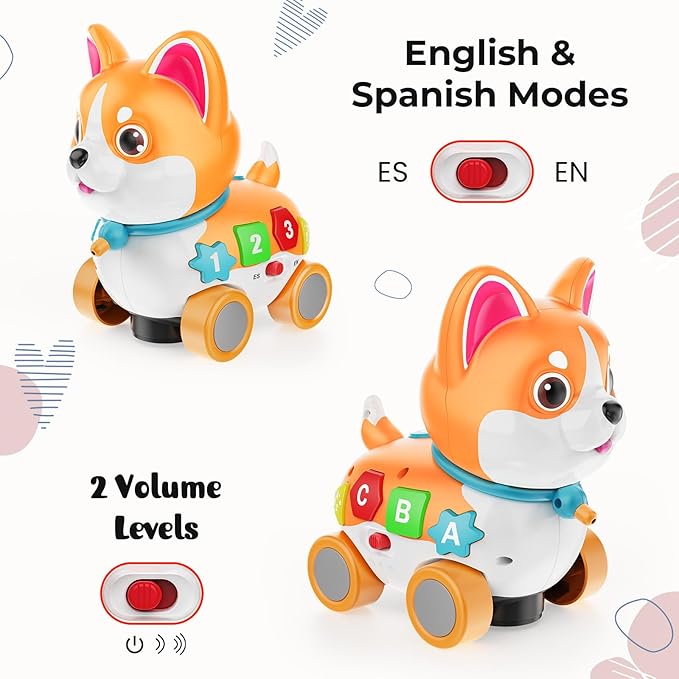 Musical Toys for 6 Month - 3 Year Old Boy Girl, Baby Toys Bilingual Educational with Music Light, Crawling & Walking Puppy for Birthday (Orange)