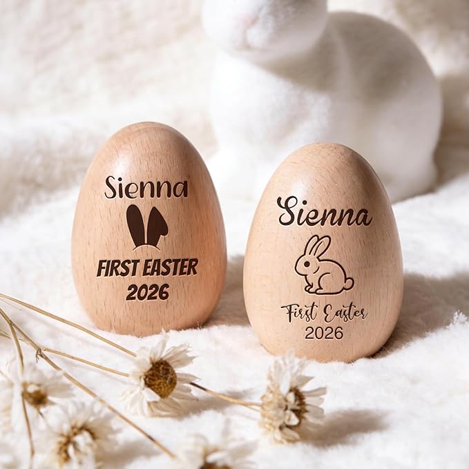 Custom Musical Easter Egg Shaker with Engraved Name, First Easter Gifts for Baby 2026, Wooden Easter Egg Basket Stuffers for Kids, Fake Eggs for Egg Hunt Prize Decor Party Baptism Gift