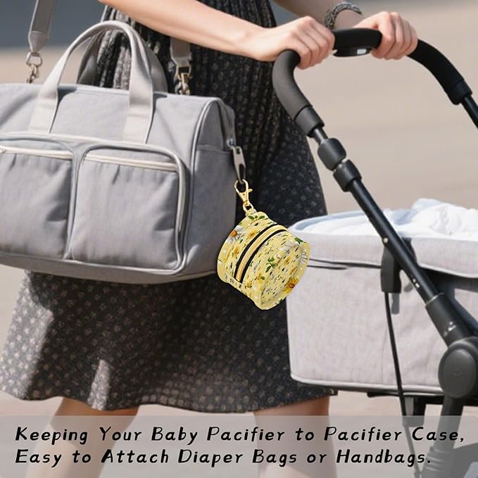 Pacifier Holder with Clip Pacifier Case for Diaper Bag Round Baby Pacifier Pouch Box Bag Portable Yellow Dot Bee and Daisy