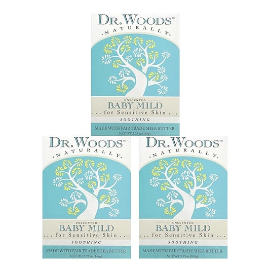 Dr. Woods Unscented Baby Mild Bar Soap with Organic Shea Butter - Made with Natural Oils, Fragrance Free Castile Bar Soap for Sensitive Skin - 5.25 Oz Bar (Pack of 3)