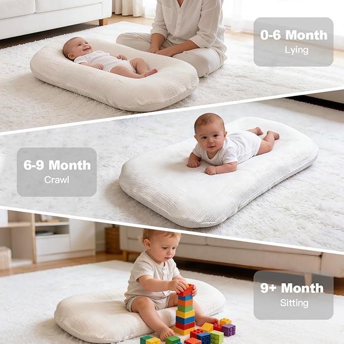 Infant Support Cushion - Baby Support Cushion for Newborn, 0-24 Months, Portable Tummy Time Mat for Home and Travel, Soft Cotton, Supervised Use, Baby Essentials Gift - White (Cover Included)