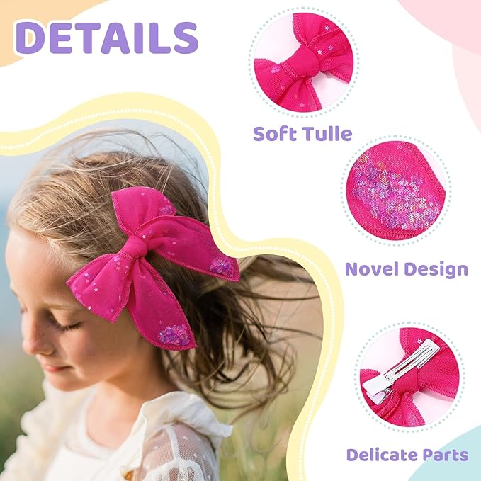 6 PCS Tulle Hair Bows for Girls, CN Toddler Bows with Glitter Star Alligator, Colorful Hair Barrettes Wedding Hair Accessories for Baby Girls Infants Toddler Teens Party (Type B)