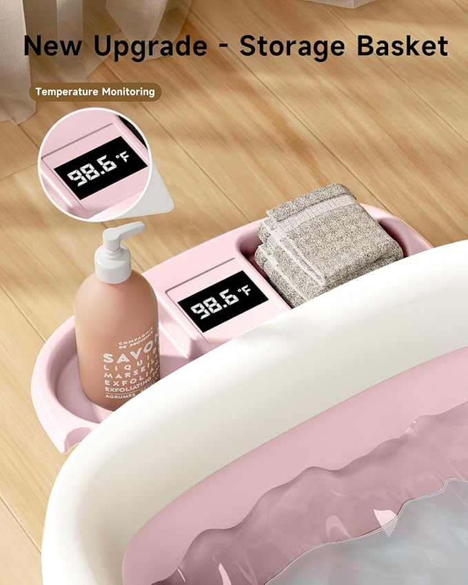Collapsible Baby Bathtub, Laege Infant Bath Tub with Thermometer & Cute Soft Cushion for Newborn to 36-Month Toddlers, Storage and Non-Slip Feet Design, Baby Bath Gift (Pink)