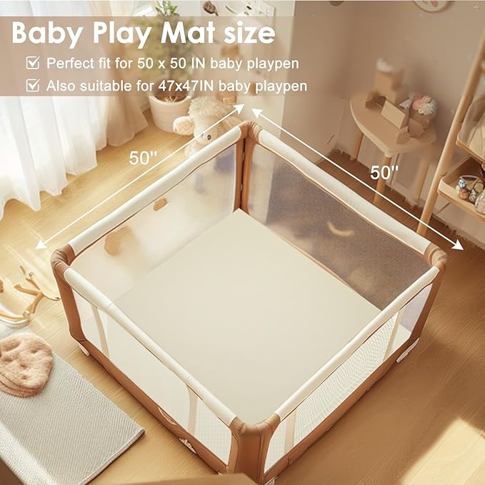 Baby Play Mat 50" X 50",Premium Foam Crawling Mat, Thick & Super Soft Vegan Leather Floor Mat,Non-Slip Cushioned Baby Playmat for Infants, Babies, Toddlers,Mat for Living Room(Cream)