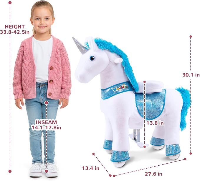 WondeRides Ride on Horse Pony Unicorn Riding Horse Toys Pony Rider Rocking Horse, 30.1 inch Height Plush Walking Animal Mechanical Rocking Horse with Wheels (Blue-White, Size 3 for Age 3-4) M331-1