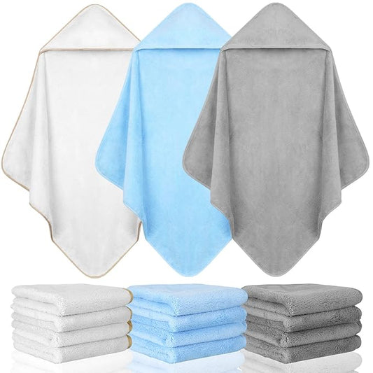 Moukeren 15 Pcs Muslin Hooded Baby Bath Towel and Washcloths Set Includes 3 Pack Newborn Hooded Towels and 12 Pack Washcloths Absorbent Coral Fleece for Baby Toddler Boy Girl Infant Essentials Gift