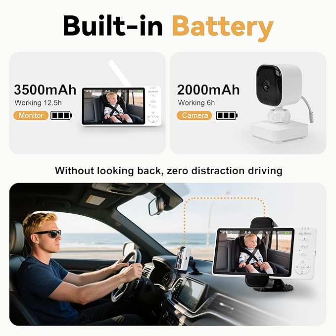 2000mAh Wireless Baby Car Camera 3500mAh Monitor Auto On/Off Car Baby Camera Monitor No Wifi - Carseat Mirror with Brightness Volume Zoom/Night Vision/Temp/Feeding/2-Way Talk/8 Lullaby/Vox
