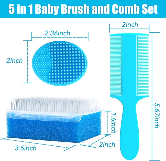 Cradle Cap Brush for Babies, 5Pcs Cradle Cap Treatment Set with Soft Bristle Brushes Silicone Scrubber Long Comb for Newborn Bathing Essentials Baby Brush and Comb Set (Blue)
