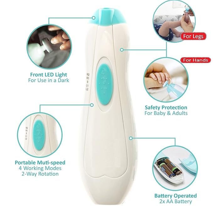 Baby Nail File Electric Nail Trimmer - Jaybva Safe Baby Nail Clippers Cutter for Newborn Children Toddlers Kids with LED Light Blue and Green