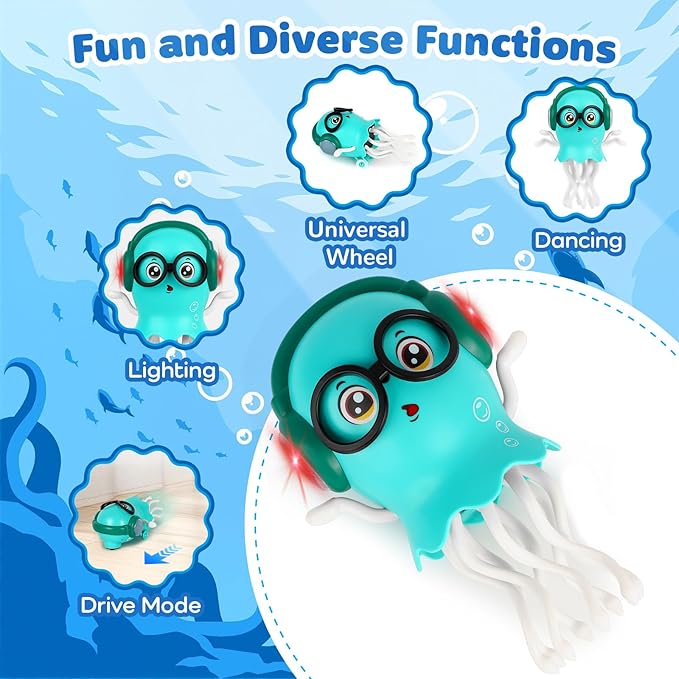 Dancing Jellyfish Babies Toy Music Crawling Octopus 6-12 Months Tummy Time Toys Magic Glowing Squid 1st Birthday Gifts for Toddlers 1 2 3 4 5 6 Year Old Kids Funny Gift for Baby Girl Boy Age 1-3