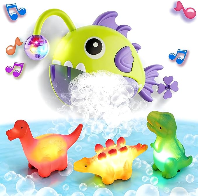 Baby Bath Toys for Toddlers, Light Up Fish Bubble Machine with 3 Dinosaur Water-Activated Toys, Shower Bathtub Toys for Kids Ages 3-8, Birthday Gift Easter for Boys Girls (Green)