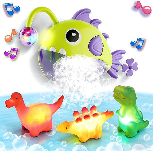 Baby Bath Toys for Toddlers, Light Up Fish Bubble Machine with 3 Dinosaur Water-Activated Toys, Shower Bathtub Toys for Kids Ages 3-8, Birthday Gift Easter for Boys Girls (Green)