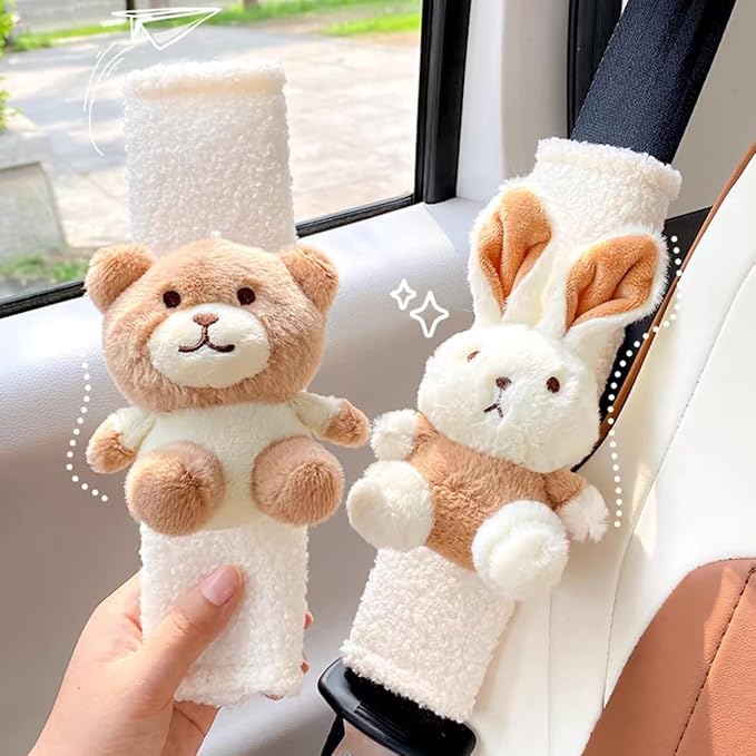 2 PCS Seat Belt Cover Pad, Cute Kawaii Animal Bunny Seatbelt Covers for Kids and Adults, Winter Plush Fluffy Soft Seat Belt Cover, Cartoon Seatbelt Cushion,Car Seat Strap Pads (D-Bunny)