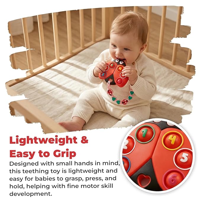 BIGSPINACH Teething Toy & Pacifier Clip Set,Ladybug Pop-It Teether & Pacifier Hold,Multi-Textured Chew Toy with Number Buttons for Early Learning, Baby Teething Relief (Red+Pink)