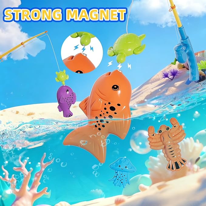 Magnetic Fishing Game Set for Toddlers 1-3 & Kids Age 3-5 Fishing Toys Includes Pole Rod Net & Floating Fish Water Table Bathtub & Pool Play Accessory with Ocean Animals for Summer Fun