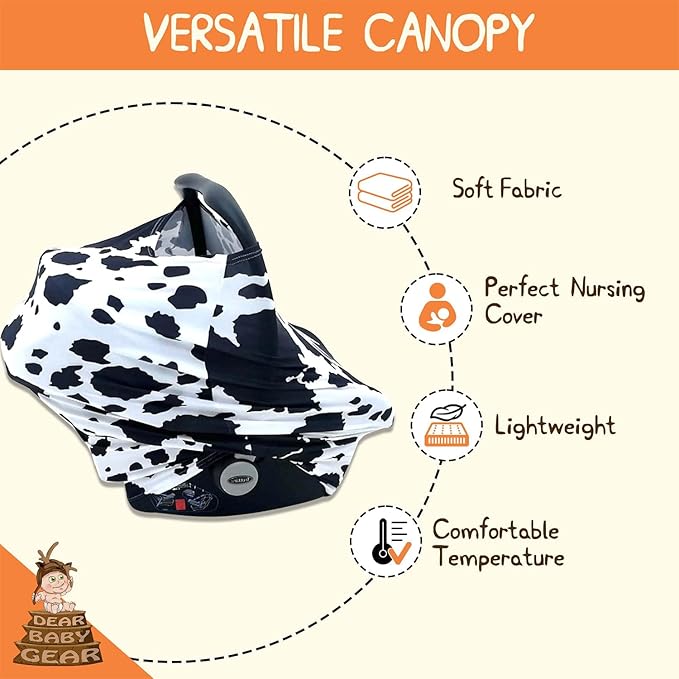 Dear Baby Gear Car Seat Cover for Boys & Girls - Baby Carseat Canopy w/Snap Opening - Infant Seat Cover - Stroller & Nursing Covers - Newborn Carrier Canopy- 28x27x0.25" (Holstein Cow Stretch Fit)