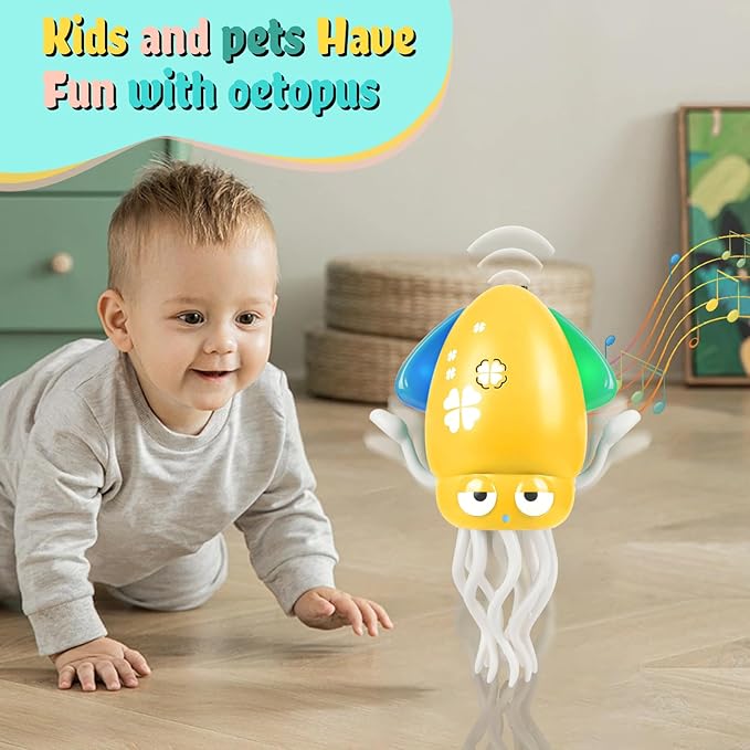 Electric Dancing Octopus Baby Toy, Dancing Squid Crawling Toys,Automatic Evasion Octopus Toy with Led Light and Music, Interactive Entertainment for Baby Sensory Development Birthday Gifts (Yellow)