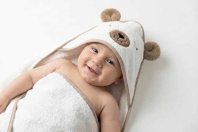 Organic Baby Hooded Bath Towel 30x30 Inch – 100% Organic Cotton, 380 GSM Soft & Absorbent Newborn Towel with Embroidered Hood, (Bear)