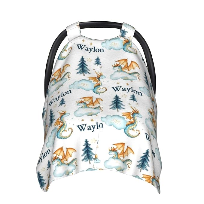 Personalised Dragon Baby Car Seat Cover for Boys, Customized Babies Carseat Covers with Name, Windproof Sun Protection Baby Carseat Canopy, Multi-use Nursing Breastfeeding Covers for Infant