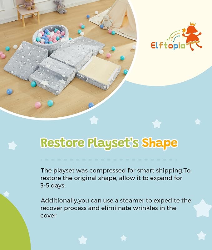 Elftopia Foam Climbing Blocks with Ball Pit & Stairs for Toddlers Aged 1-3 -Soft Playset for Indoor Crawling, Foam Playground Set for Baby to Active Playing Inside -(Balls NOT Included),Stars