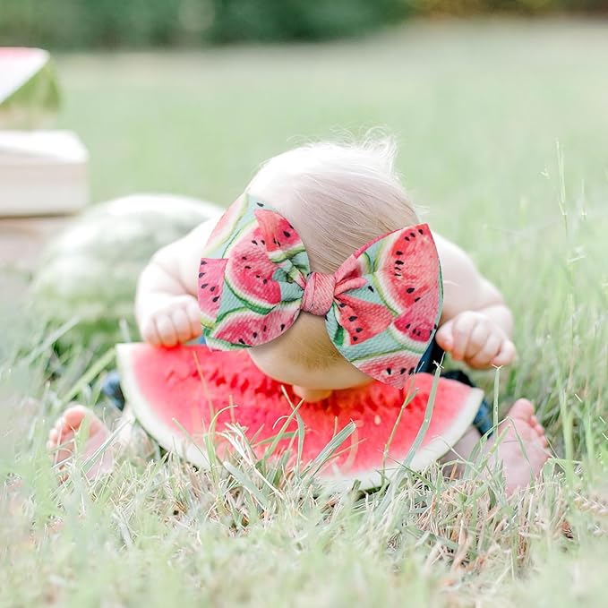 4.5'' Baby Bows Handmade Headbands 6'' Printed Tied Bow Elastic Nylon Hair Accessories for Baby Girls Newborn Infant 2 Pcs Aqua Watermelon