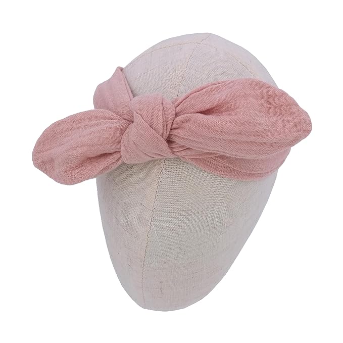 Sugarmelon Original Cotton Gauze Headband for Newborn Toddler Infant Baby Girl Kids Muslin Cotton Hair Bow Headbands Turban Elastic Hair Bands (2 pcs Dusty Pink)