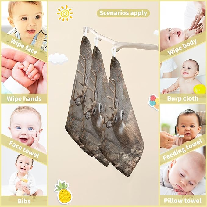 Newborn Face Towel Forest Deer Soft Cotton Baby Washcloths 11.8 x 11.8 Inch Infants Girls Boys Muslin Burp Cloths 5 Pack