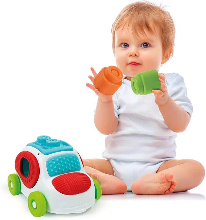 Clementoni- Soft Clemmy Sensory Car: Fun & Developmental Play for Babies & Toddlers, Stimulating Textures, Shapes & Stacking Blocks - Multicolored (6+ Months)