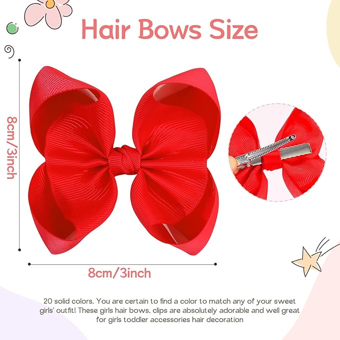 Oaoleer 20PCS 3 Inch Hair Bows for Girls Grosgrain Ribbon Toddler Hair Accessories with Alligator Clips for Toddlers Baby Girls Kids Teens in Pairs