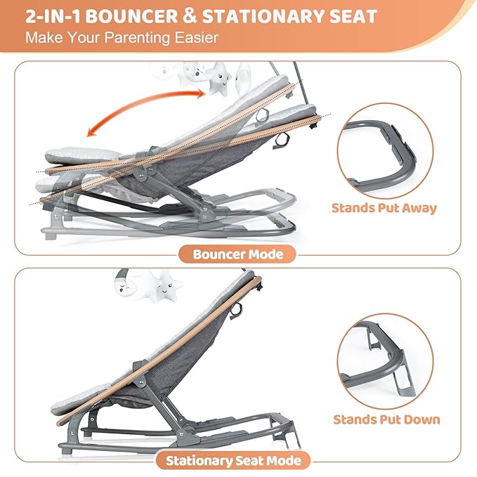 Orzbow 2-in-1 Baby Bouncer, Portable Bouncer Seat for Infant to Toddler with Removable Cushion, Angle Adjustable, 0-9 Months Up to 21lbs, Ergonomic Design, Classic Grey