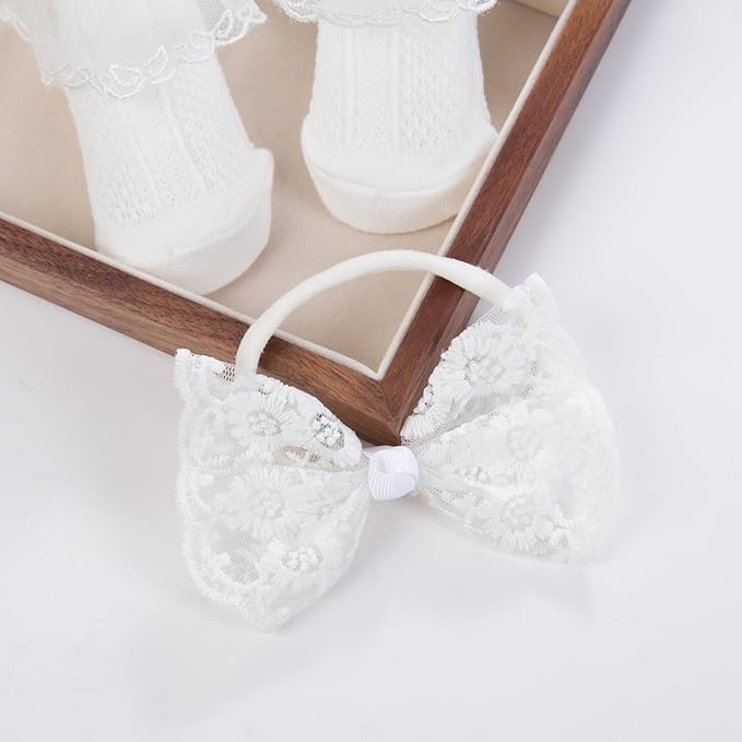 Baby Baptism Headband Lace Bow Headband Christening Headbands with Pearls TSFD30 (Headbad and Sock Set)