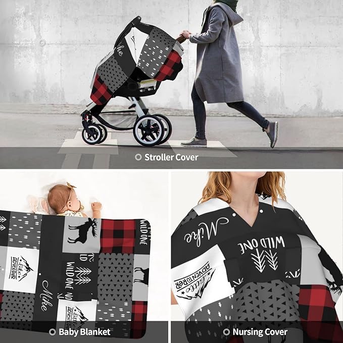 Personalized Woodland Deer Baby Car Seat Canopy for Babies with Name, Custom Red Baby Car Seat Covers for Boys and Girls, Opening Minky Nursing Breastfeeding Cover Infant Carseat Canopies for Newborn