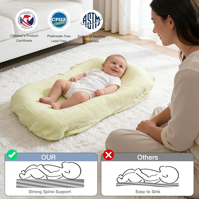 Infant Support Cushion - Baby Support Cushion for Newborn, 0-24 Months, Portable Tummy Time Mat for Home and Travel, Soft Cotton, Supervised Use, Baby Essentials Gift, Kelly, (Cover Included)