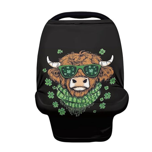 Wanyint Stretchy Baby Car Seat Covers Carseat Canopy Baby Breastfeeding Stroller High Chair Shopping Cart Cover for Girls Boys for Saint Patrick's Day Decor, Highland Cow Clover Black