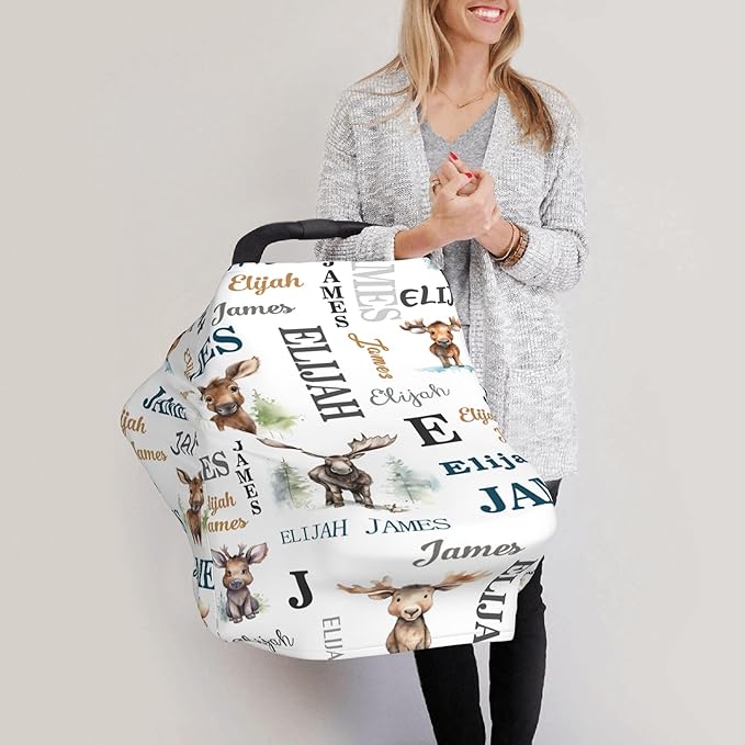 Personalized Car Seat Covers for Babies with Name – Multi-use Breastfeeding Cover Custom Moose Carseat Canopy Cover, Infant Stroller Covers for Boys and Girls