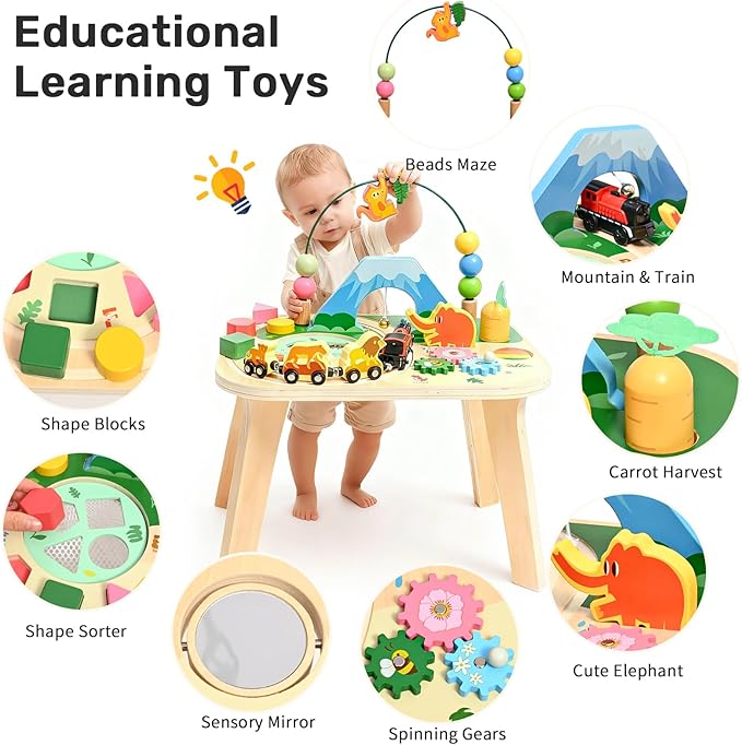 WINGYZ Activity Table for 1 Year Old Toddler, 9-in-1 Multi-Colorful Wooden Montessori Toys, Baby Play Table with Bead Maze Shape Sorter Train Toy, Educational Gifts for 12 Months+ Kids Boys Girls