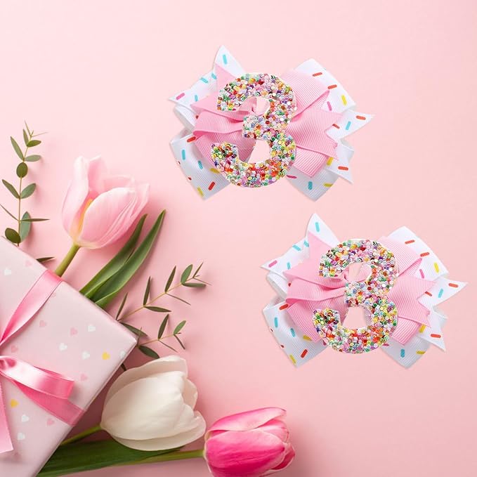 Birthday Hair Clips for Baby Girls - 2Pc Pink Sprinkle Bow Hair Clips for 3rd Birthday Glitter Ice Cream Baby Bow Party Decorations for Girls Toddlers Hair Accessories (Pink-3 Years)