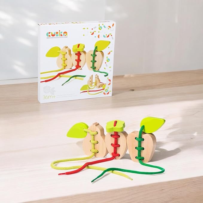 CUBIKA Wooden Lacing Fruit Set – Montessori Threading Toy for Toddlers Ages 3+ – Made from Natural Wood with Water-Based Paints – Travel-Friendly Educational Gift for Boys & Girls