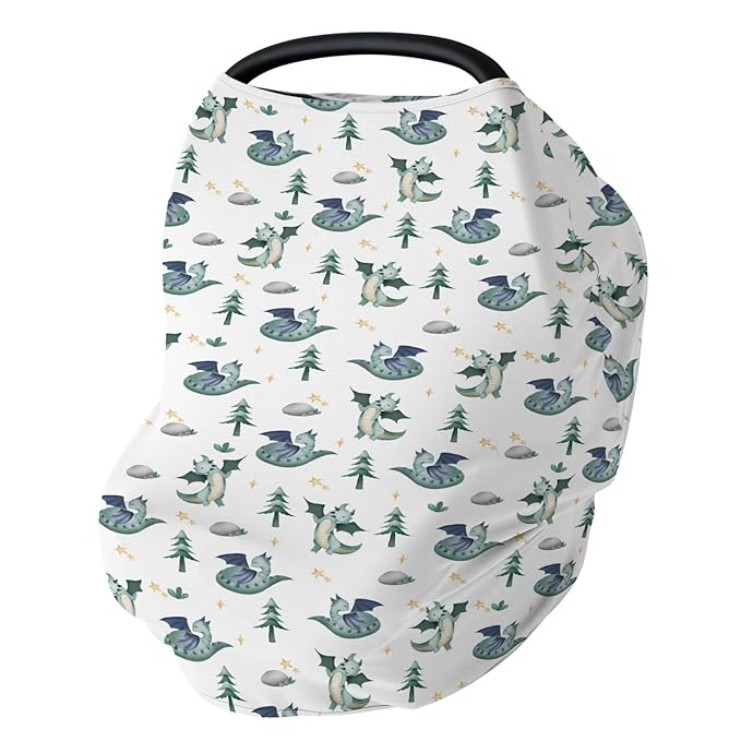 Fairytale Dragon Trees Stars Baby Car Seat Covers Cute Dragons Green Stretchy 5-in-1 Cover Adjustable Infant Carseat Canopy Cover Fantasy Animal Breathable Nursing Cover-Up