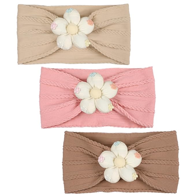 MIUXUESO 3 Piece Baby Girls Flower Headband, Florals Nylon Headband Soft Comfortable Elasticity Hairbands Baby Shower Newborn Essentials for Infant Toddlers (Beige Pink Khaki)