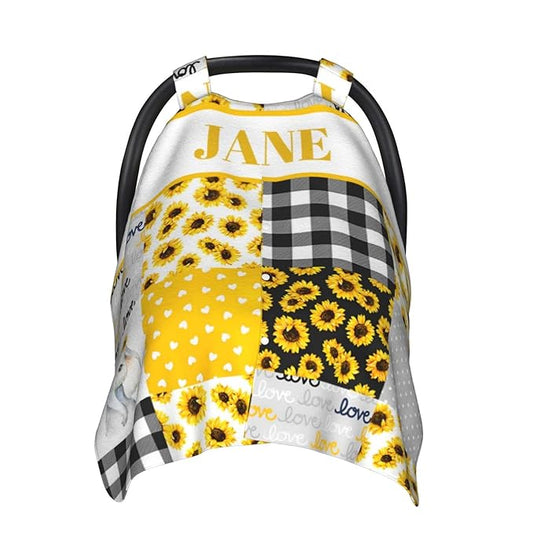 Personalized Baby Car Seat Canopy for Babies, Custom Name Car Seat Covers for Boys and Girls, Opening Minky Nursing Breastfeeding Cover for Infant, Carseat Canopies for Newborn (Elephant Sunflower)